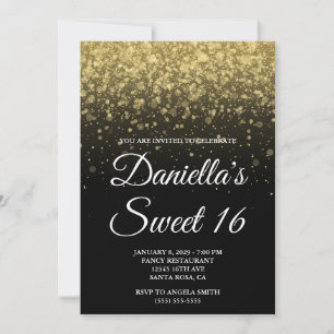 Invitación Bokeh de confeti negro y dorado Sweet 16