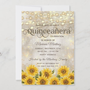 Invitación Bokeh de girasol Luces de cadena chispa de oro