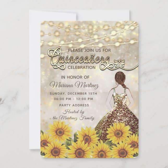 Invitación Bokeh de girasol Luces de cadena vestido purpurina (Anverso)