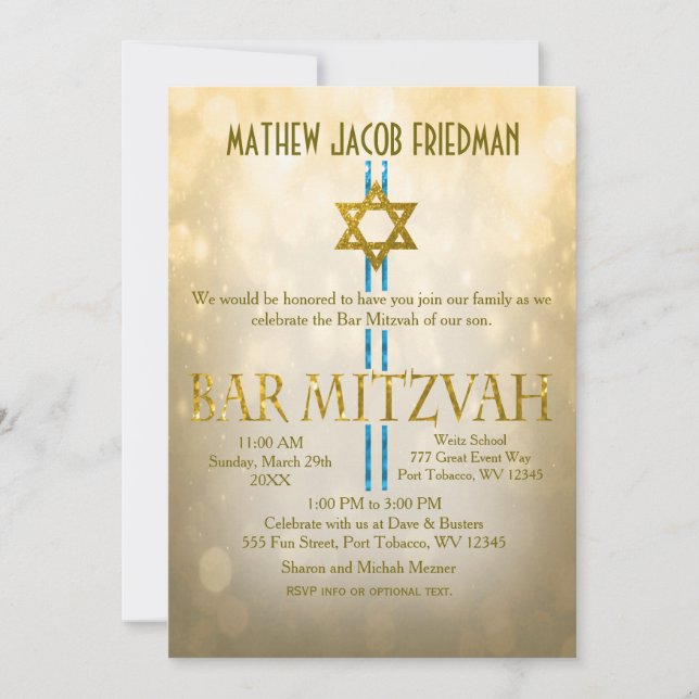 Invitación Bokeh de oro | Bar Mitzvah (Anverso)