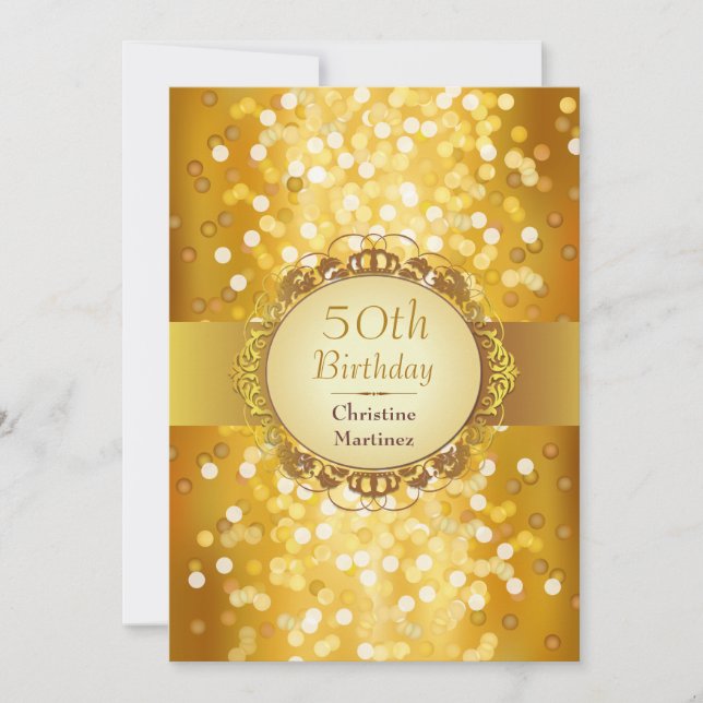 Invitación Bokeh de oro Foto 50 cumpleaños (Anverso)