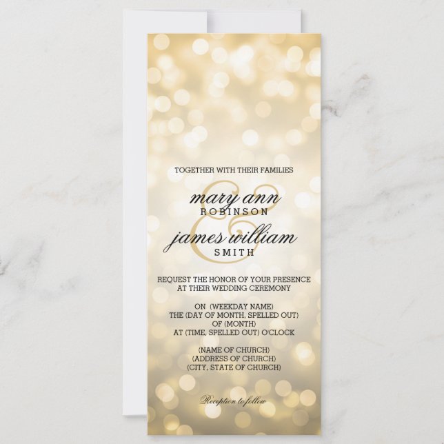 Invitación Bokeh de oro ilumina elegante boda (Anverso)