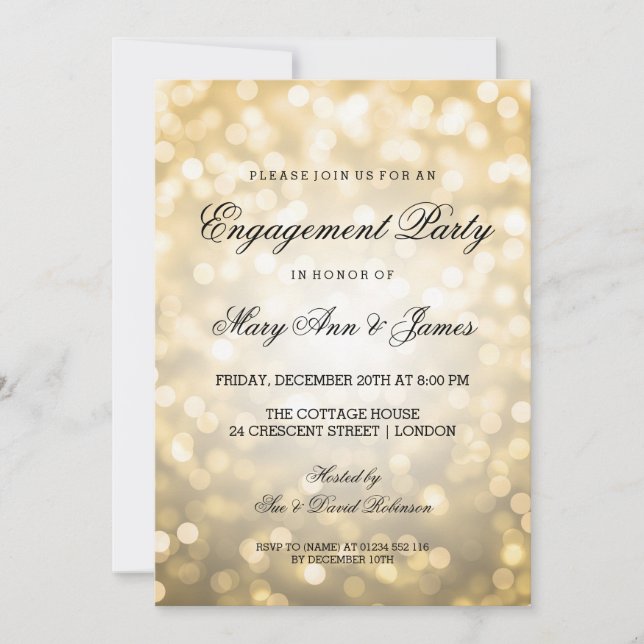 Invitación Bokeh de oro ilumina la fiesta de compromiso elega (Anverso)