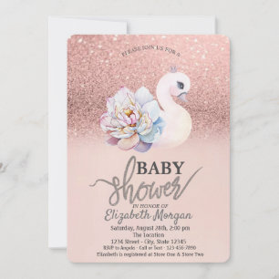 Invitación Bokeh de oro rosa, baby shower floral de cisne