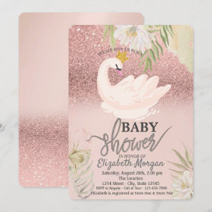 Invitación Bokeh de oro rosa, flores boho cisne Baby Shower