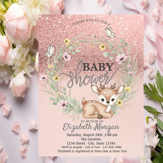 Invitación Bokeh de oro rosa, flores de cervatillo, baby show (Subido por el creador)