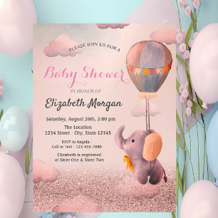 Invitación Bokeh de oro rosa, globo de elefante bebé Baby Sho