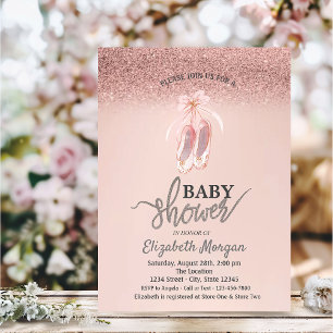 Invitación Bokeh de oro rosa, zapatillas de ballet para baby 