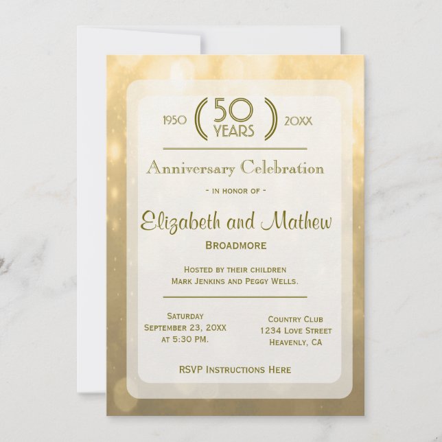 Invitación Bokeh Dorado | 50º Aniversario (Anverso)
