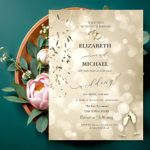 Invitación Bokeh Elegante, Copas de Vino de Confeti Boda