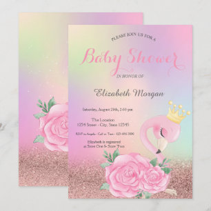 Invitación Bokeh, flamenco rosa holográfico Baby Shower