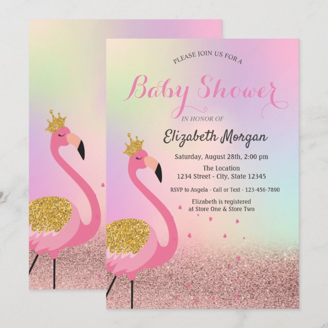 Invitación Bokeh, Flamingo Rosa Holográfico Fiesta de Bebé (Anverso / Reverso)