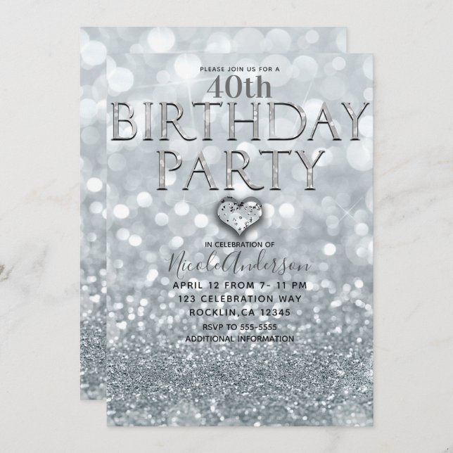 Invitación Bokeh Glam, fiesta de cumpleaños del Purpurina de  (Anverso / Reverso)