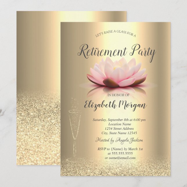 Invitación Bokeh Lotus Retirement Purpurina de oro de vidrio  (Anverso / Reverso)