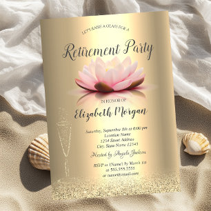 Invitación Bokeh Lotus Retirement Purpurina de oro de vidrio