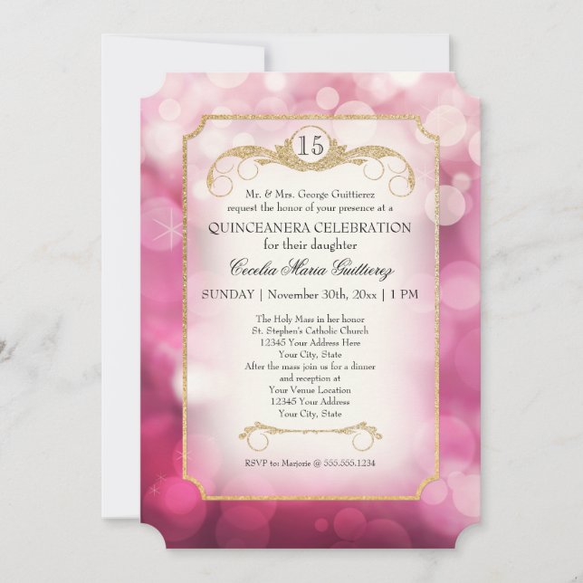 Invitación Bokeh Moderno Brillo Rosa Destello Quinceañera (Anverso)