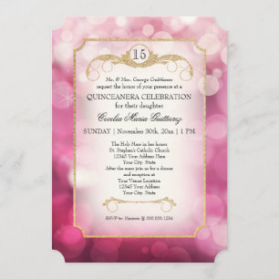 Invitación Bokeh Moderno Brillo Rosa Destello Quinceañera