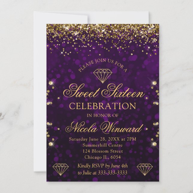 Invitación Bokeh morado y Purpurina dorado dulce 16 (Anverso)