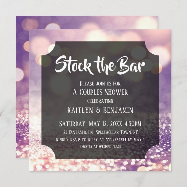 Invitación Bokeh morado y rosado, reserva la ducha de las par (Anverso / Reverso)