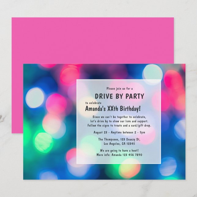 Invitación Bokeh Night Time Drive por fiesta de cumpleaños (Anverso / Reverso)