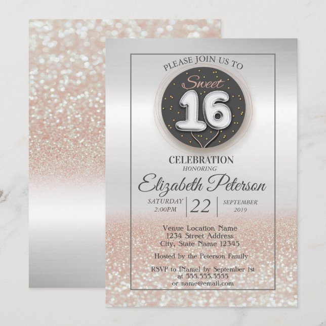 Invitación Bokeh Ombre, Purpurina de plata de moda, Fiesta du (Anverso / Reverso)