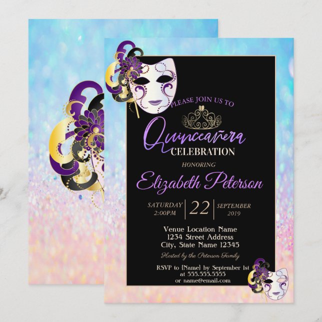 Invitación Bokeh Ombre Tiara, Mascarada Quinceañera (Anverso / Reverso)