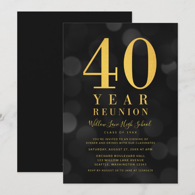 Invitación Bokeh oscuro ilumina reunión de 40 años de clase (Anverso / Reverso)