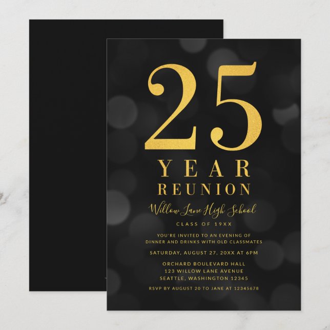 Invitación Bokeh oscuro ilumina reunión de clase de 25 años (Anverso / Reverso)