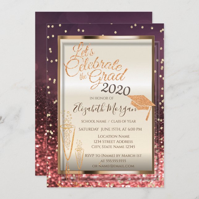 Invitación Bokeh, Purpurina de Graduación, Graduación de Vidr (Anverso / Reverso)