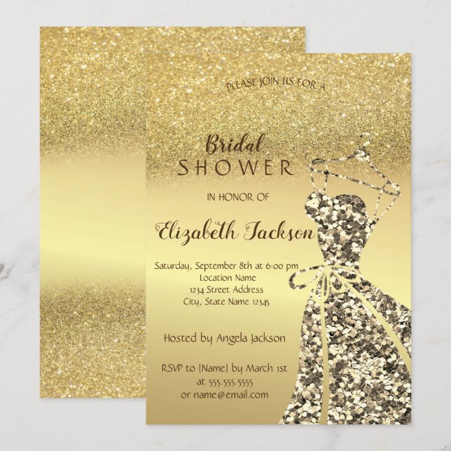 Invitación Bokeh, Purpurina de oro, ducha de novia de las sec (Anverso / Reverso)