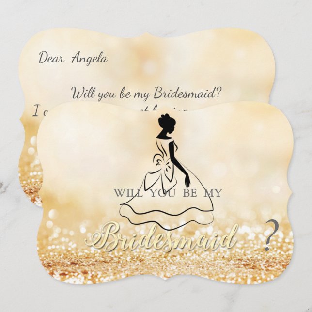 Invitación Bokeh Purpurinoso de oro elegante, dama de honor d (Anverso / Reverso)
