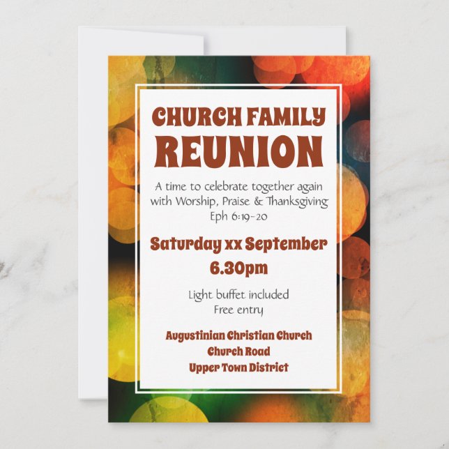 Invitación Bokeh rojo moderno | FAMILIA DE IGLESIA | REUNIÓN (Anverso)