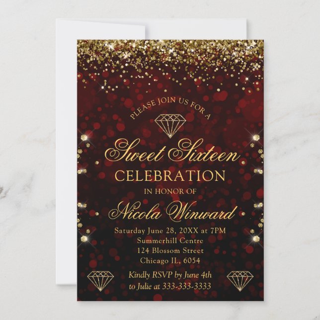 Invitación Bokeh Rojo Oscuro y Brillo Dorado Cumpleaños Dulce (Anverso)