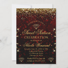 Invitación Bokeh Rojo Oscuro y Brillo Dorado Cumpleaños Dulce