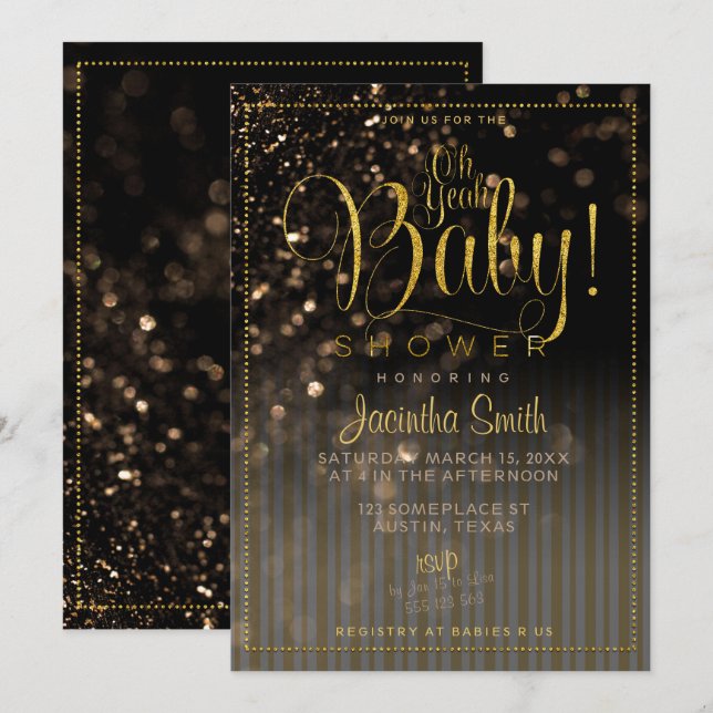 Invitación Bokeh Stripes Glam Baby Shower | Oh Sí, Bebé. (Anverso / Reverso)
