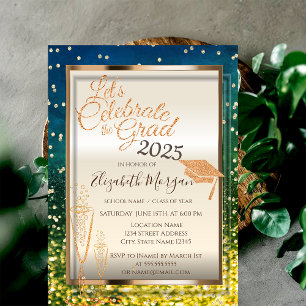 Invitación Bokeh verde, Cap de grado Purpurina, Graduación de