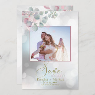 Invitación Bokeh y la Rosa Laurel Eucalyptus Salven la Fecha