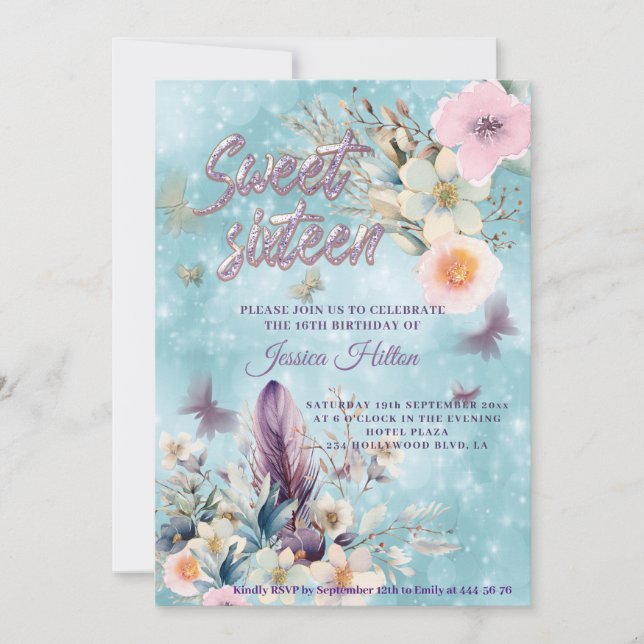 Invitación Bokek azul Mariposa boho floral dulce dieciséis (Anverso)