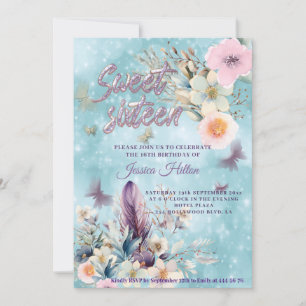 Invitación Bokek azul Mariposa boho floral dulce dieciséis