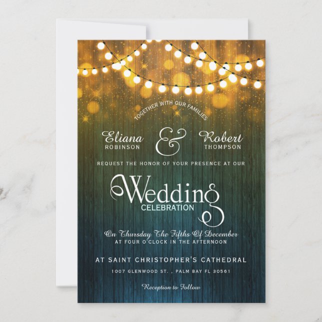 Invitación Bokek de luces de cuerda de boda rústica (Anverso)