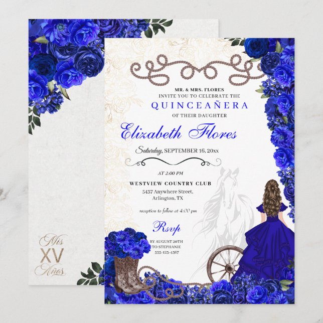 Invitación Bola azul real Ranchero Western Quinceanera (Anverso / Reverso)