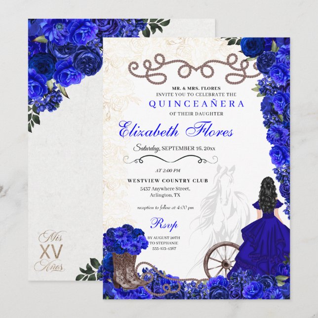 Invitación Bola azul real Ranchero Western Quinceanera (Anverso / Reverso)