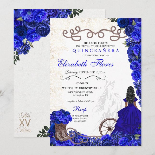 Invitación Bola azul real Ranchero Western Quinceanera (Anverso / Reverso)