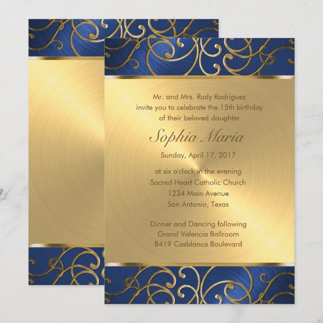 Invitación Bola azul y dorada de la Marina Quinceanera (Anverso / Reverso)