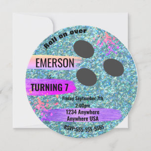 Invitación BOLA de BOLOS del purpurina, bolos, fiesta de