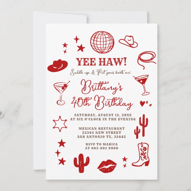 Invitación Bola de Disco Cumpleaños Vaquera Occidental Roja 2 (Anverso)