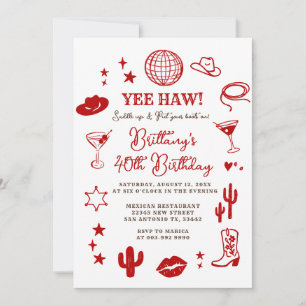 Invitación Bola de Disco Cumpleaños Vaquera Occidental Roja 2