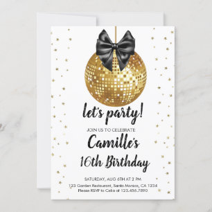 Invitación Bola de disco de oro   cumpleaños de arco negro