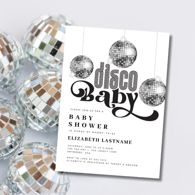 Invitación Bola de Disco de Plata Fiesta Retro de Baby Shower (Subido por el creador)