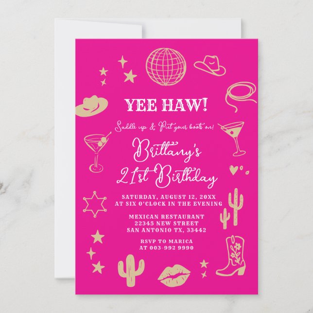 Invitación Bola de Disco de Vaquera Rosa Cumpleaños de Cualqu (Anverso)